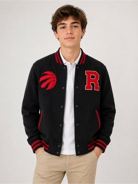 NBA Toronto Raptors Youth XL Varsity Jacket Black Red Snap Front Basketball